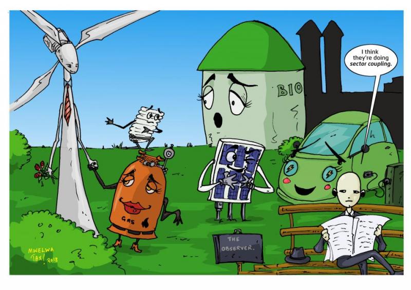 CLEW's visiting cartoonist Mwelwa Musonko is inspired by the energy transition's new buzz-word sector coupling.