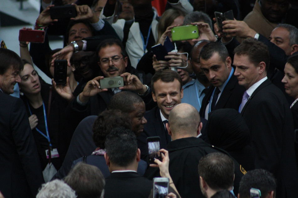 French President Emmanuel Macron greeted by a crowd ahead of his speech at the UN climate conference in Bonn. Source - CLEW 2017.