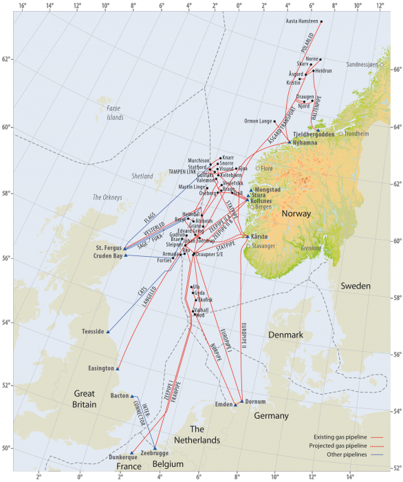 Gas pipelines on the Norwegian continental shelf. Source - Norwegian Petroleum Directorate.