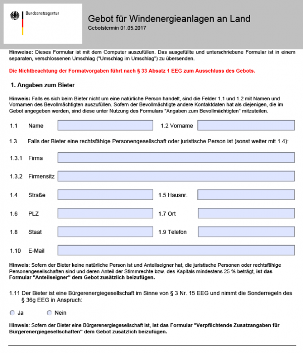 The Federal Grid Agency's application form for onshore wind power tenders