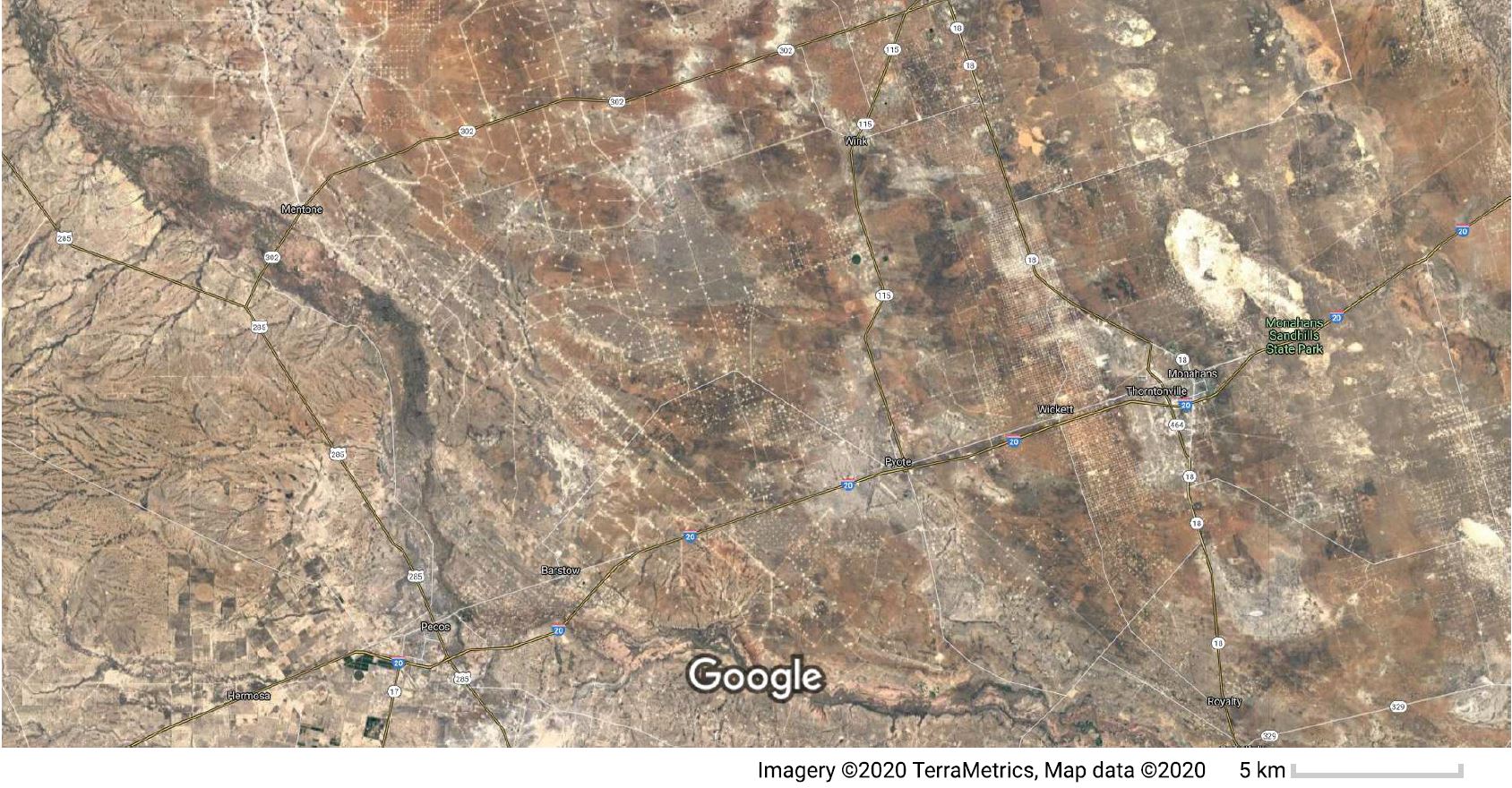 Oil and gas drilling sites near Pecos, Texas. Source: Google, Imagery ©2020 TerraMetrics, Map data ©2020.