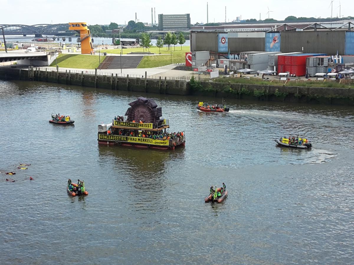 Greenpeace G20 protest on the Elbe River in Hamburg at the C20 summit. Source - CLEW 2017.