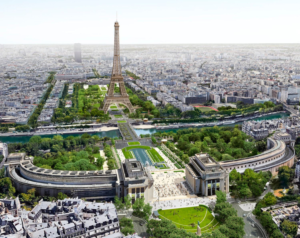 The planned redesign of the Eiffel tower park. Image by Gustafson, Porter and Bowman