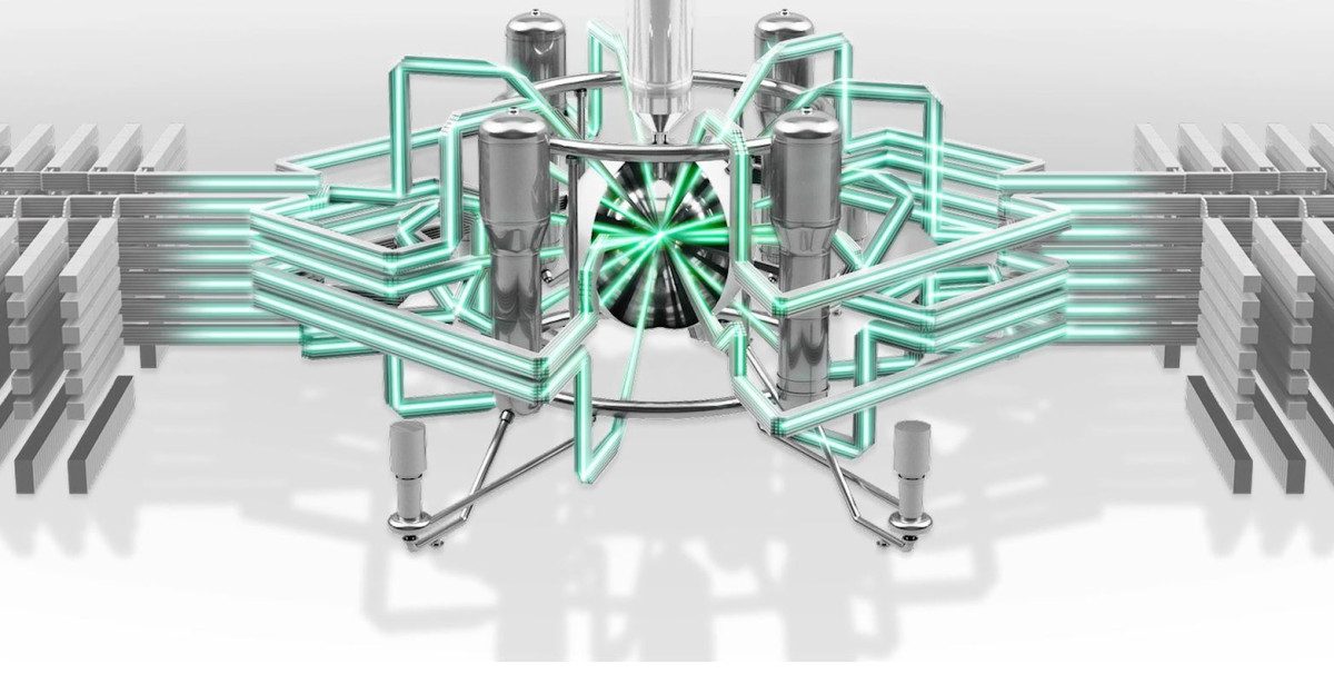Laser fusion uses extremely powerful lasers to create the conditions necessary for fusion. Image by Focused Energy.