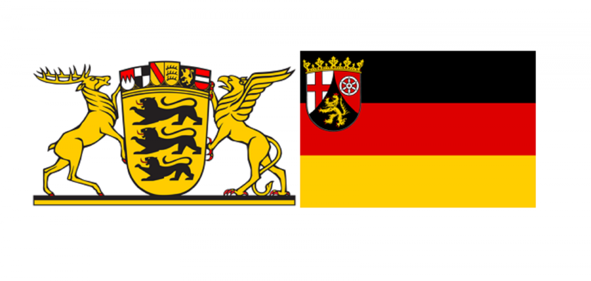 The coat of arms of Baden-Wurttemberg (left) and of Rhineland-Palatinate on the German national flag. Source: Public Domain