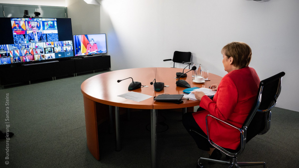 Photo shows German chancellor Merkel at the video conference of the members of the European Council on 19 June. Photo: Bundesregierung/Sandra Steins.