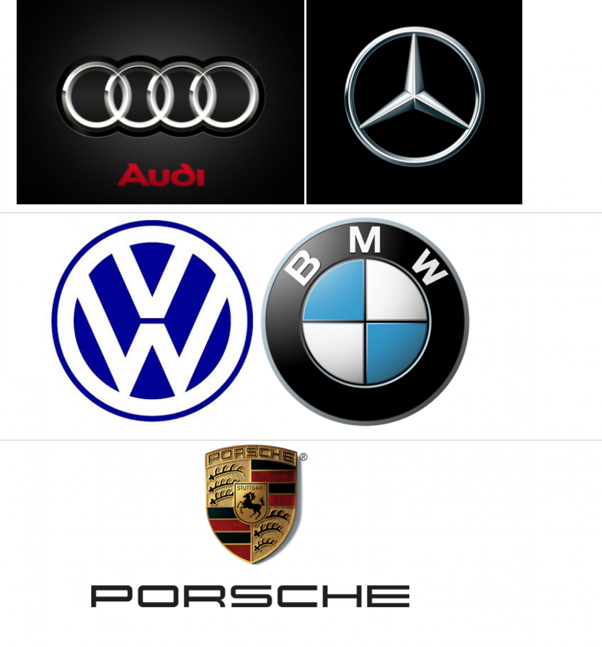 Brand logos of Audi, Daimler, VW, BMW and Porsche.