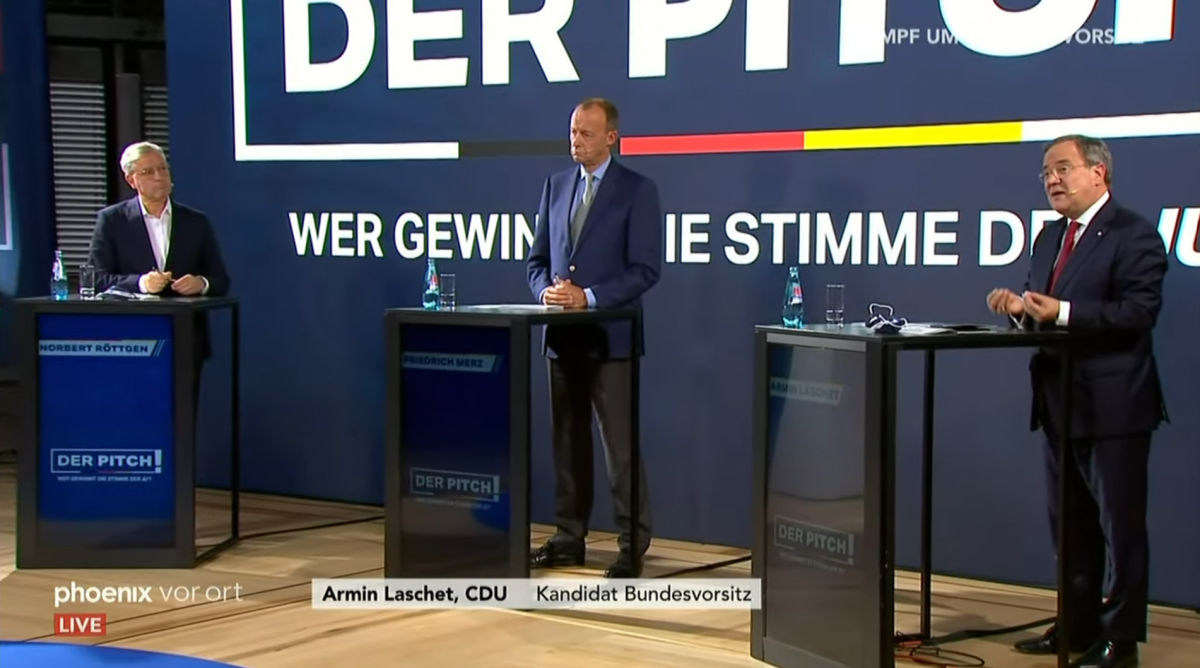 Possible future leaders of the CDU Norbert Röttgen, Friedrich Merz and Armin Lasche (from left) in a TV-debate. Photo: Screenshot Phoenix.