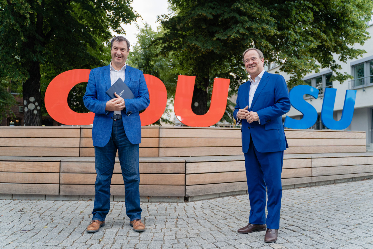 Photo shows CSU head Markus Söder and conservative chancellor candidate Armin Laschet. Source: CDU/Steffen Böttcher.