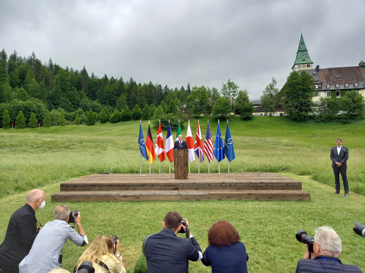 Photo shows German chancellor Olaf Scholz at the final press conference of the G7 summit in Elmau 2022. Photo: CLEW/Wettengel.