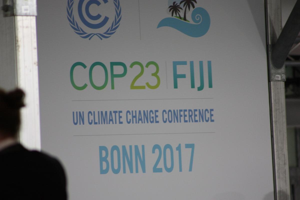 Sign showing the logo of the 23rd UN climate conference COP23 in Bonn, Germany. Source - CLEW 2017.