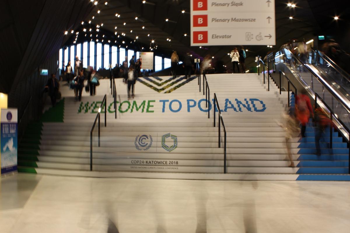 Photo shows a staircase at the COP24 venue in Katowice, Poland. Photo: CLEW/Wettengel 2018.