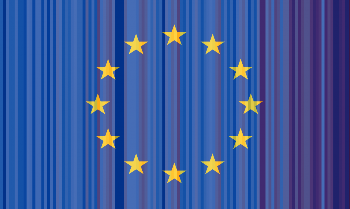 EU flag with warming stripes in background. Source: CLEW. 