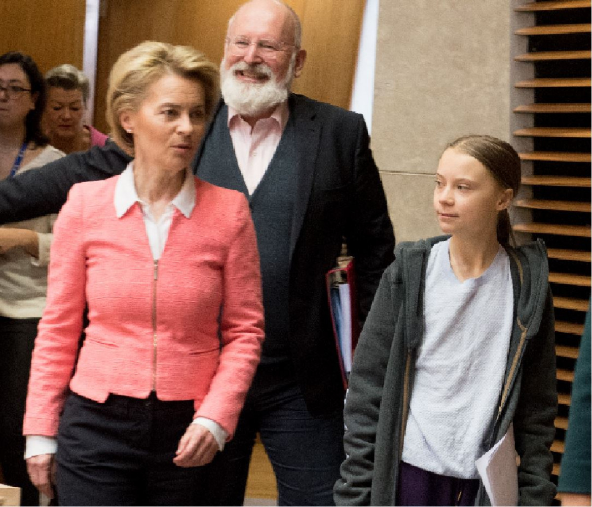 EU Commission President Ursula von der Leyen, climate commissioner Frans Timmermans, and climate activist Greta Thunberg. Source EU Commission