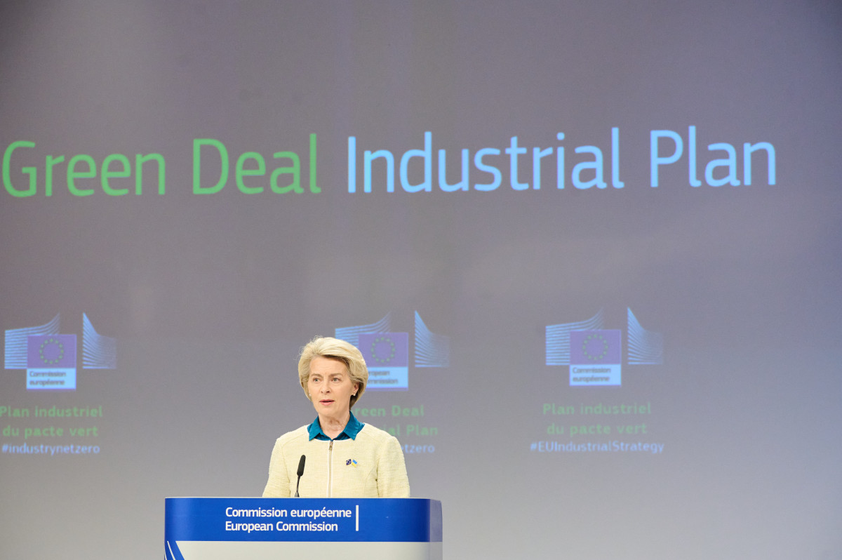 Photo shows European Commission president Ursula von der Leyen at podium when presenting Green Deal Industrial Plan. Source: European Union.