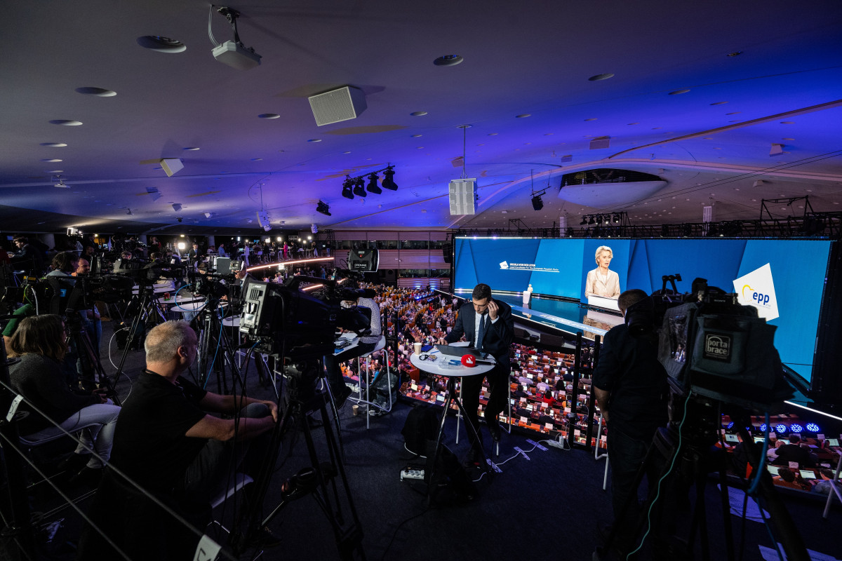 Photo shows European Commission president Ursula von der Leyen giving a speech on election night at the 2024 EU elections. Photo: European Union. 