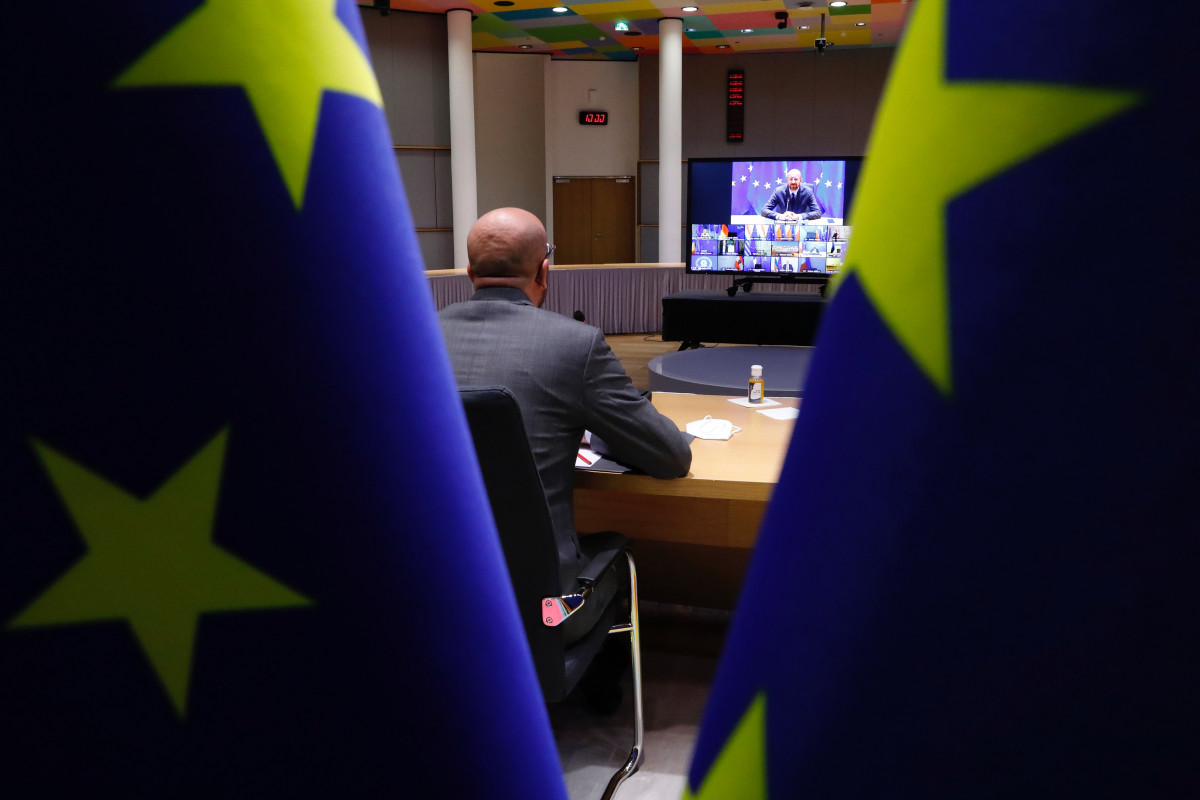 Photo shows European Council president charles michel in video conference with EU leaders. Source: European Union.