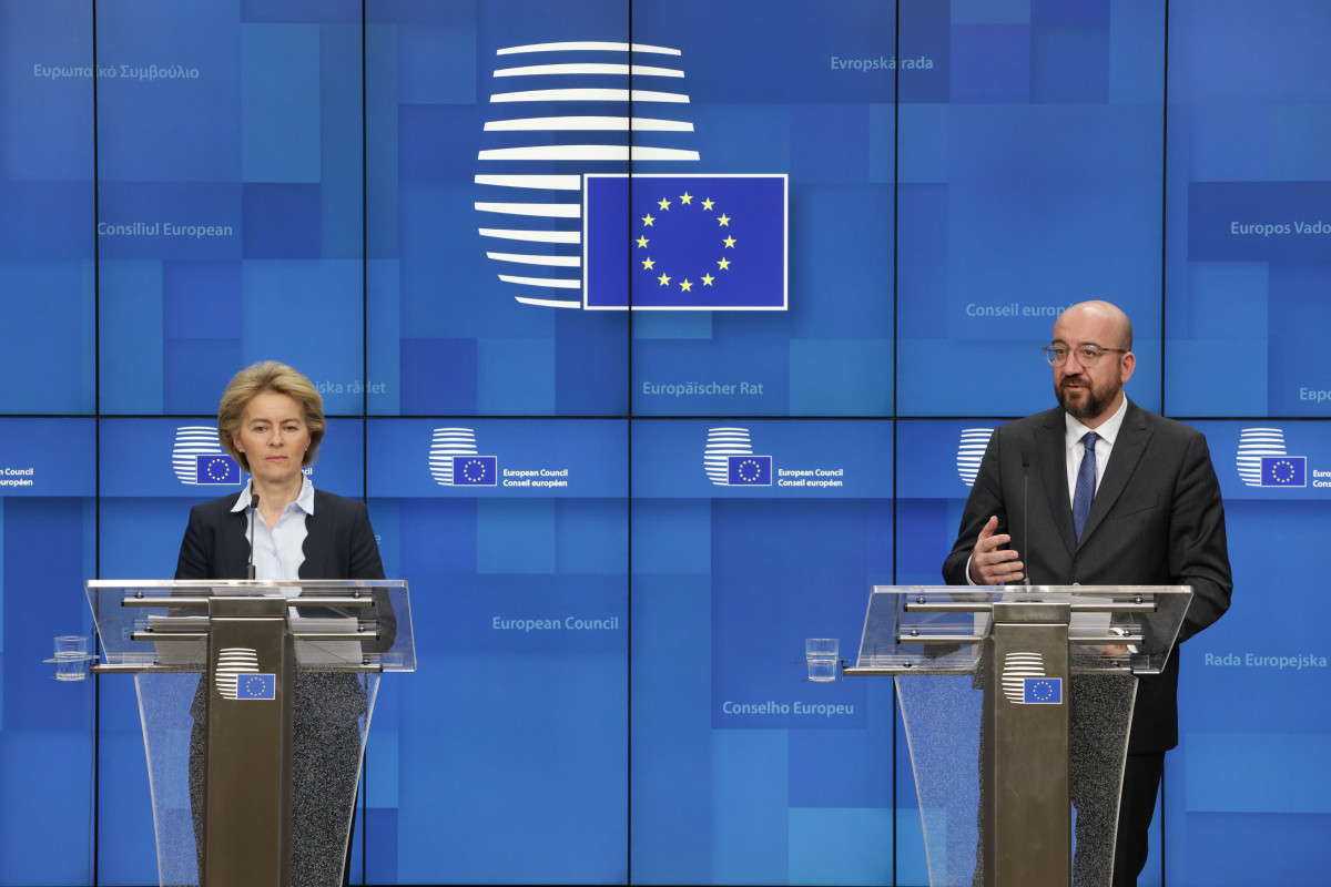 European Commission president Ursula von der Leyen and European Council president Charles Michel at a press conference following the EU leaders' video conference on COVID-19 on 18 March. Photo: European Union.