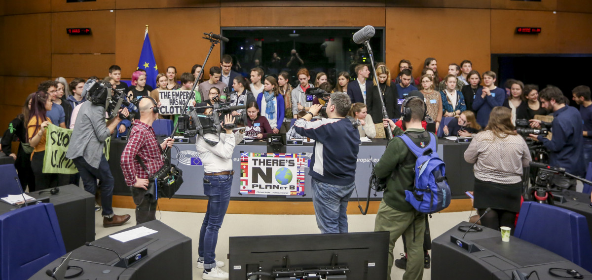 Students from the Fridays For Future climate protest movement at a press conference in the European Parliament. Source: European Union 2019/EP.