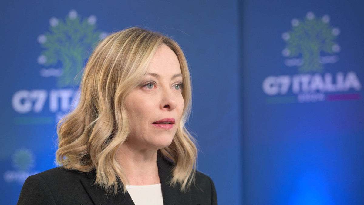 Photo shows Italy's prime minister Giorgia Meloni in front of G7 Italia 2024 logo. Photo: G7 Italia 2024. 