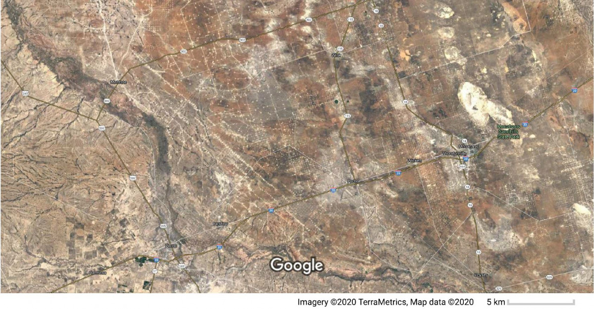 Oil and gas drilling sites near Pecos, Texas. Source: Google, Imagery ©2020 TerraMetrics, Map data ©2020.