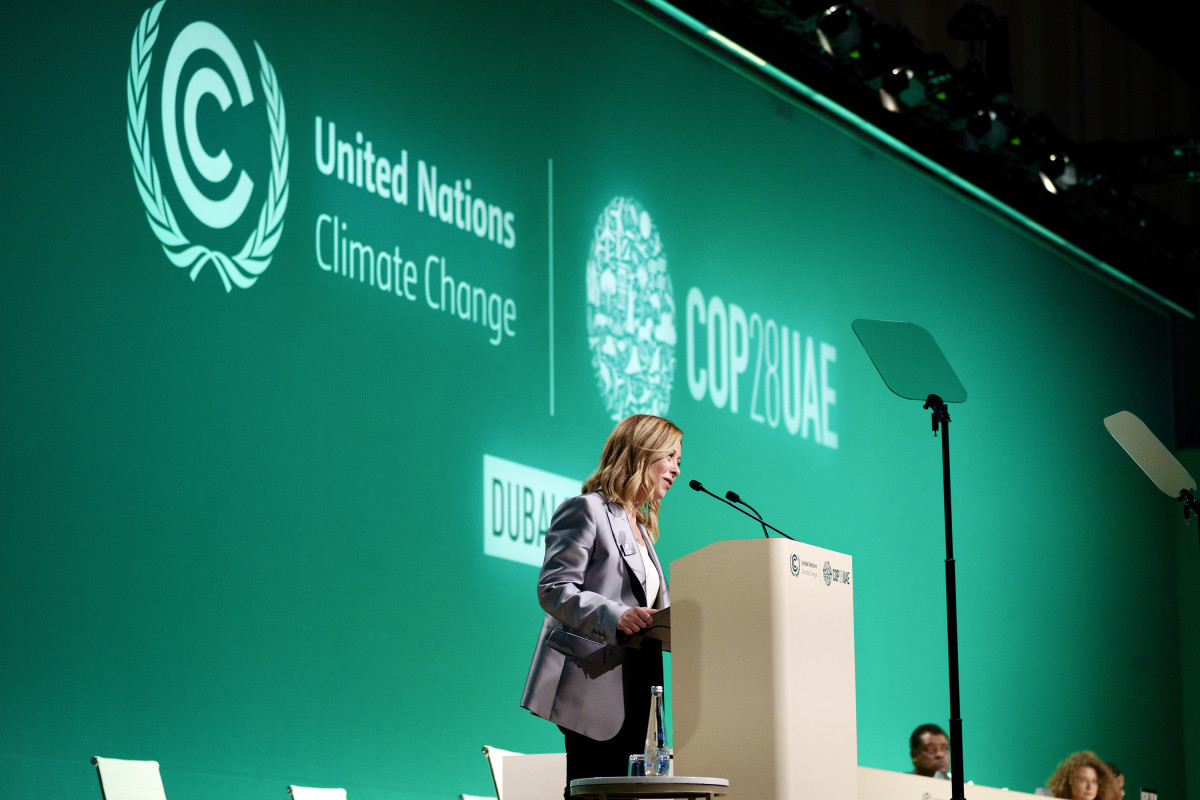 Photo shows Italy's prime minister Giorgia Meloni during a speech at the COP28 climate conference in Dubai in 2023. Image made available by Italian government under licence (CC-BY-NC-SA 3.0 IT)[https://creativecommons.org/licenses/by-nc-sa/3.0/it/deed.en]