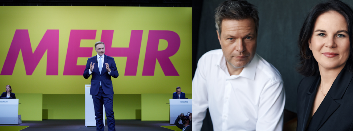 FDP leader Christian Lindner (left) and the Greens' party heads Robert Habeck and Annalena Baerbock could decide who will be Germany's next chancellor. Photos: FDP / Green Party