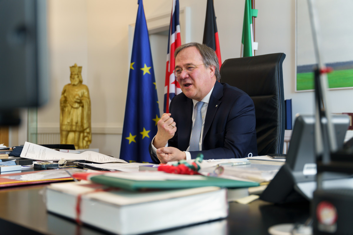 Photo shows German connservatives' 2021 chancellor candidate Armin Laschet in video call with UK foreign minister Raab. Source: Land NRW