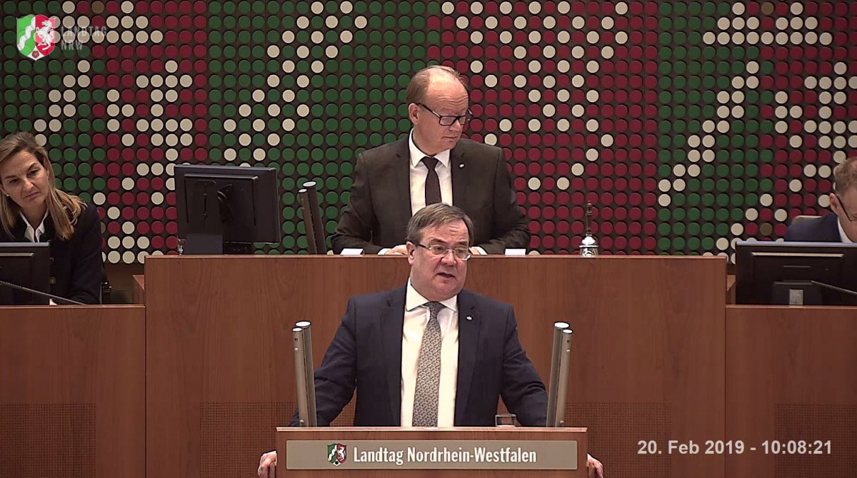 Photo of lignite mining state North Rhine-Westphalia's head of government Armin Laschet (CDU) in the state parliament. Photo: Landtag NRW 2019.