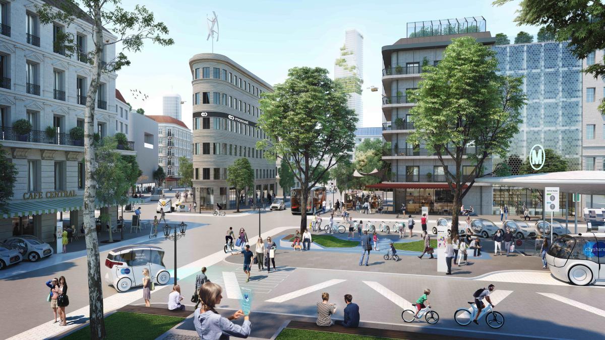 Photo shows future mobility concept in city. Copyright Daimler 2018.