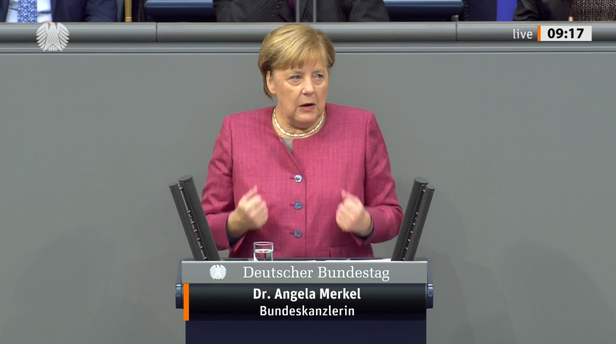 Photo shows German chancellor Merkel in the Bundestag on 30 September 2020. Source: Bundestag. 