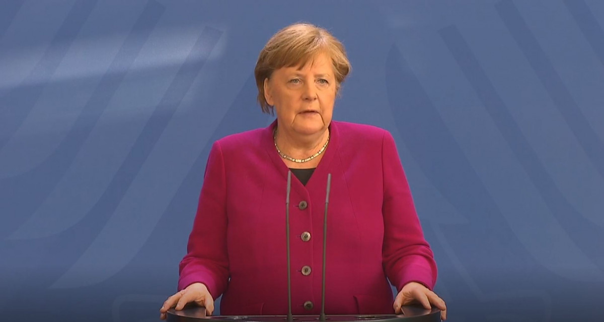 Photo shows German chancellor Angela Merkel after the European Council video conference on 23 April 2020. Source: Bundesregierung. 