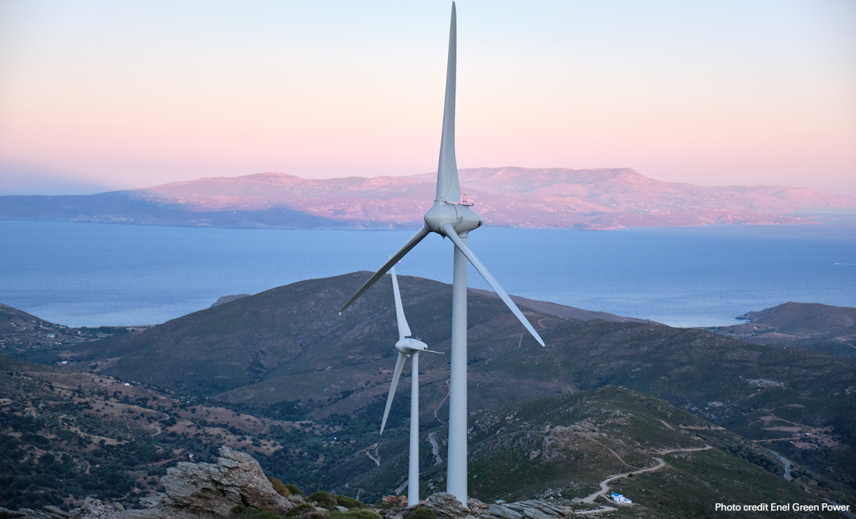Photo shows the Kafireas Wind Farm in Greece. Source: Principia, Enel Green Power.