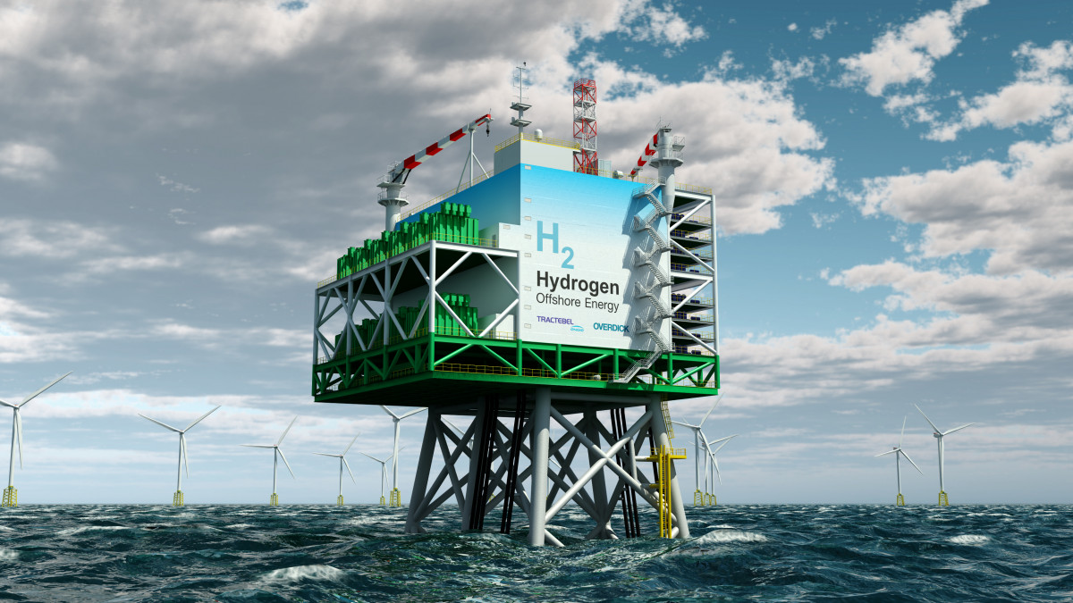 Photo shows offshore platform which makes it possible to produce “green” hydrogen from offshore wind energy at an industrial scale using electrolysis. Photo: Tractebel 2019. 