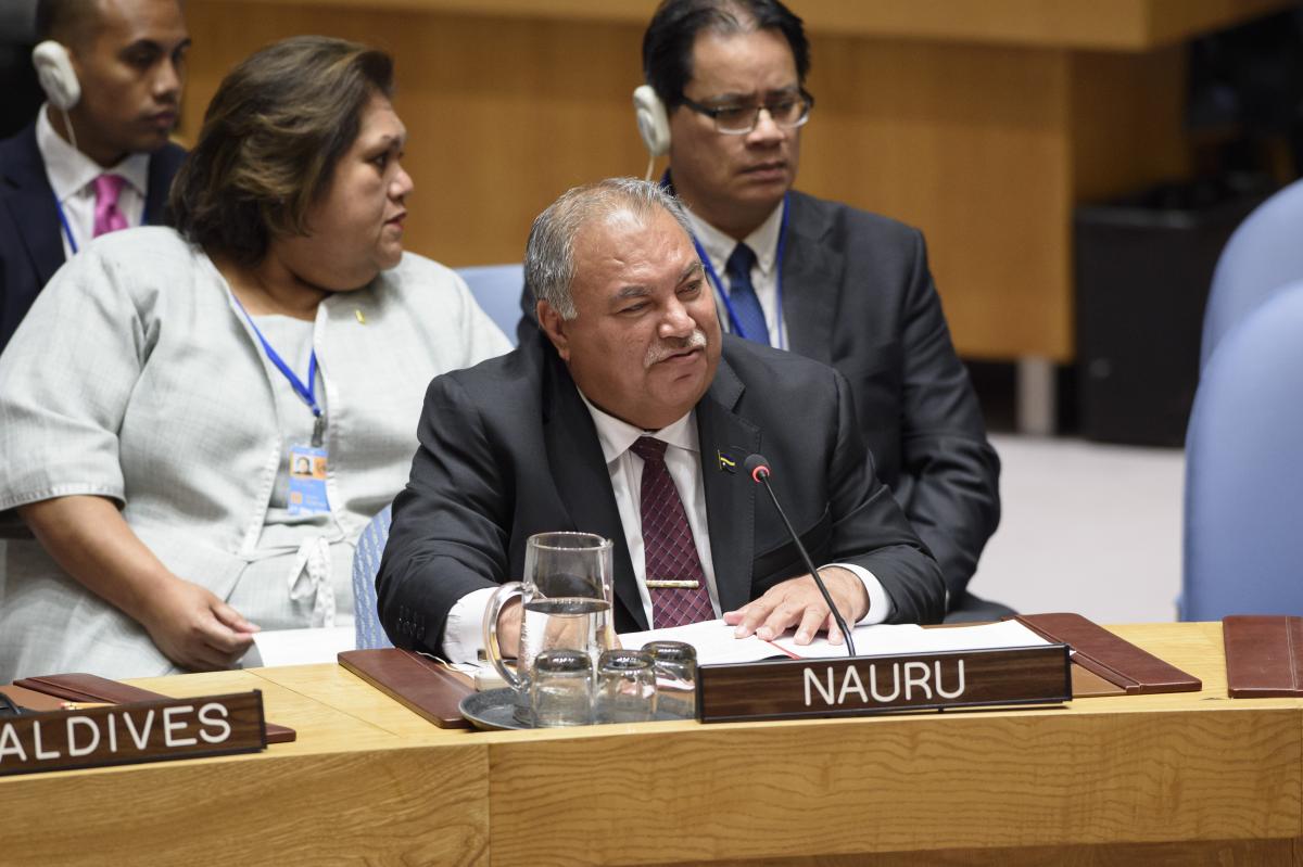 Photo shows: Baron Divavesi Waqa, President of Nauru, addresses the UN Security Council during a debate on climate-related security risks in July 2018. Photo: UN Photo/Loey Felipe 2018.