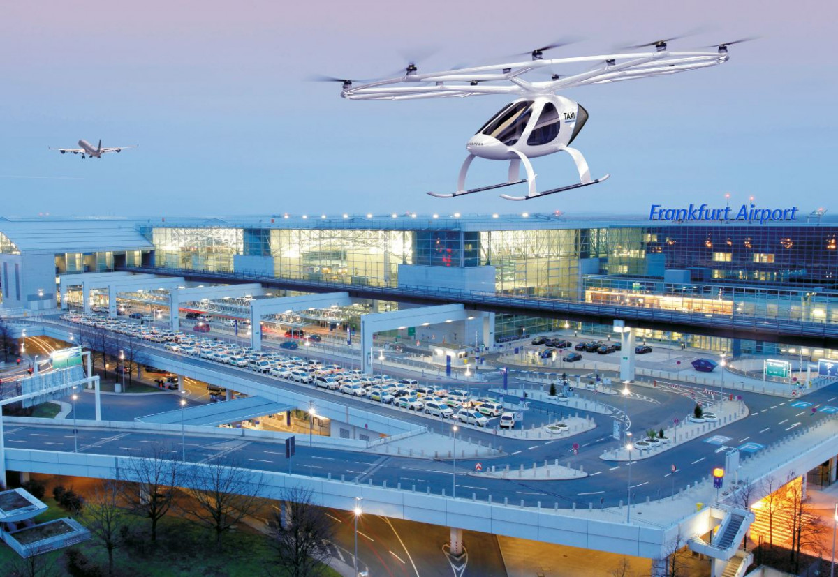 Airport operator Fraport AG and start-up Volocopter explore the use of autonomous flying taxis at Germany’s Frankfurt Airport. Photo: Volocopter