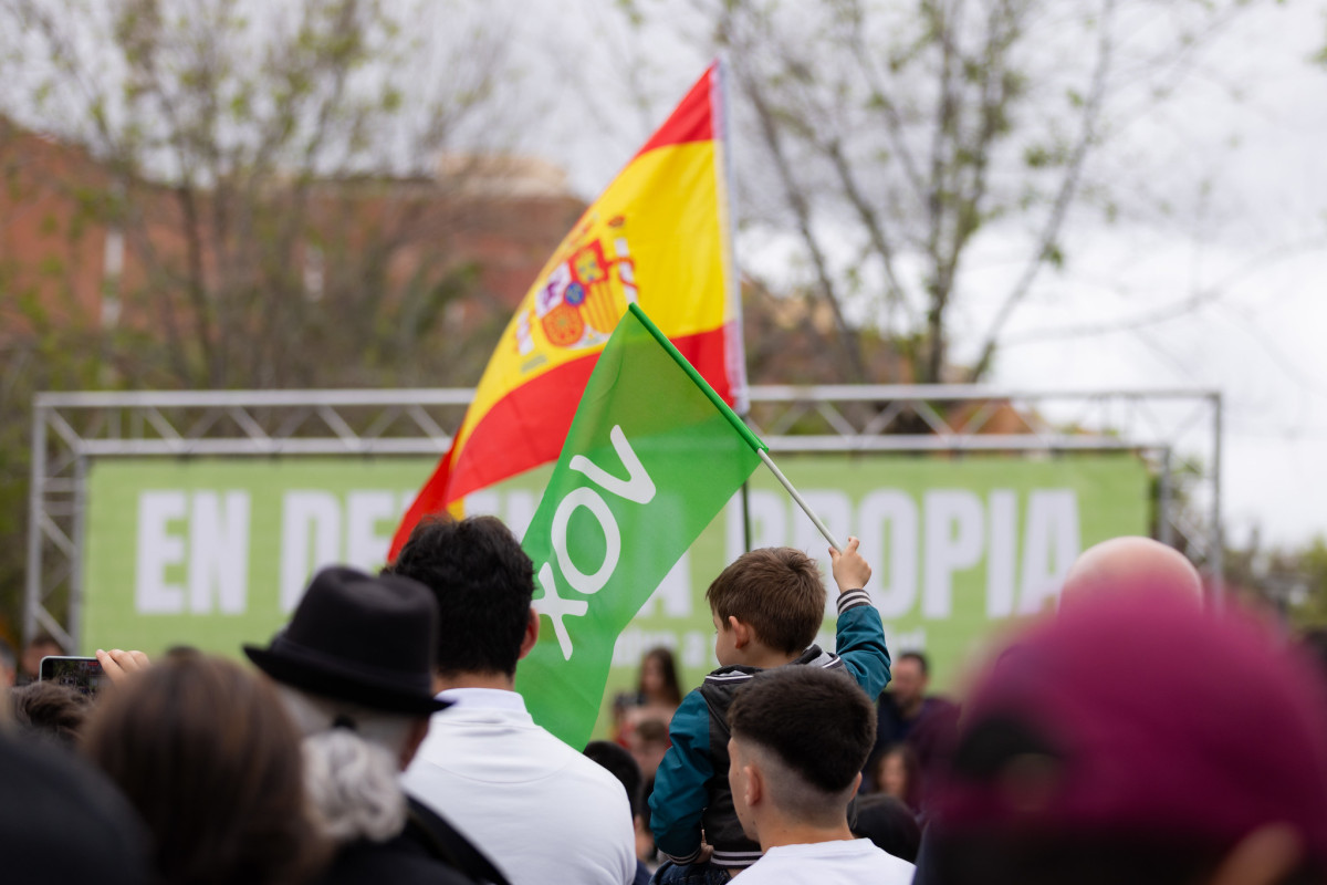 Photo shows child at a political rally of the Spanish populist right-wing party Vox, holding a flag. Photo: Vox España.