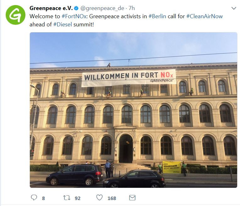 Greenpeace activists protests at the diesel summit venue. Source - Greenpeace 2017.