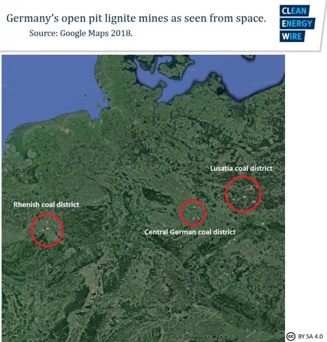 Map of Germany's lignite mining districts as seen from space. Source: Google Maps 2018.