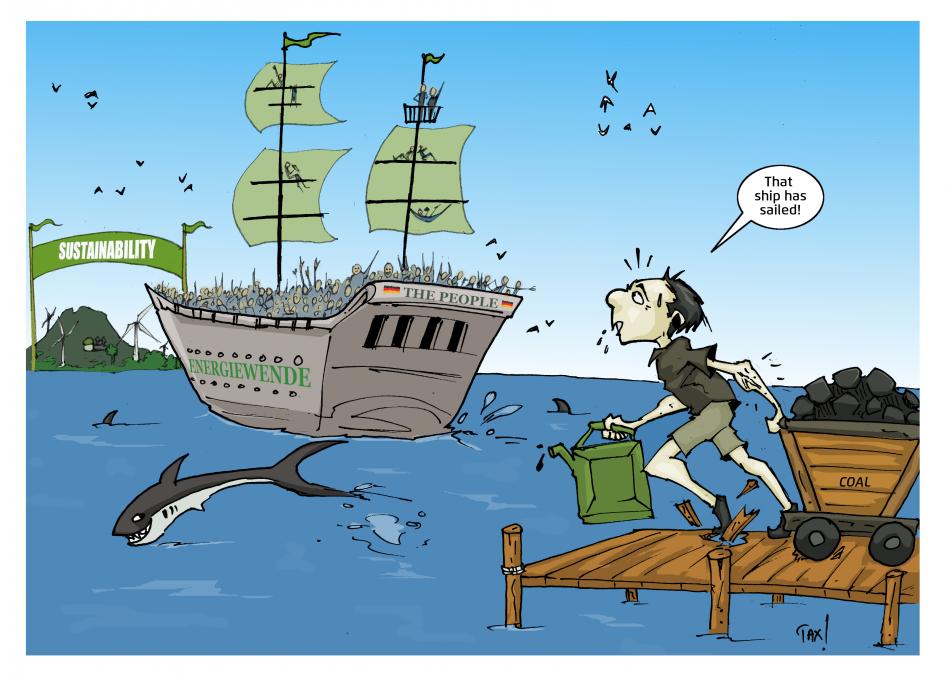 Cartoon showing a ship sailing to sustainability island, guy with coal and oil as luggage arrives at pier too late. Illustration - Mwelwa Musonko.
