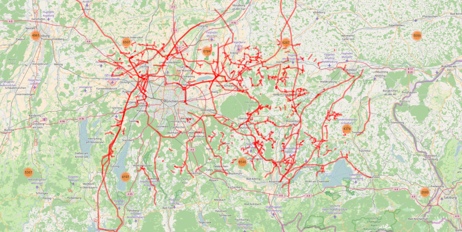 OpenGridMap trackinig bottlenecks and overcapacities n the greater Munich area. Source / opengridmap.com.
