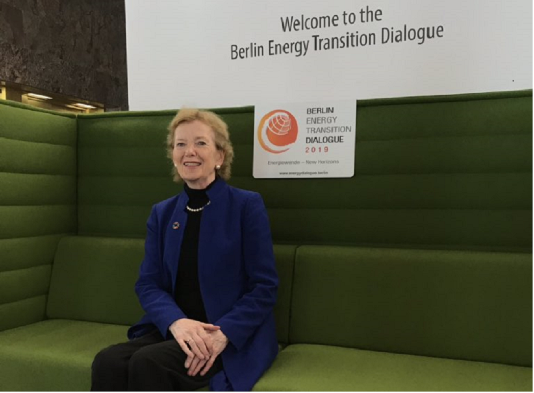 Former Irish President and climate activist Mary Robinson on the Greensofa, the Berlin Energy Transition Dialogue's mascot. Source: Greensofa.