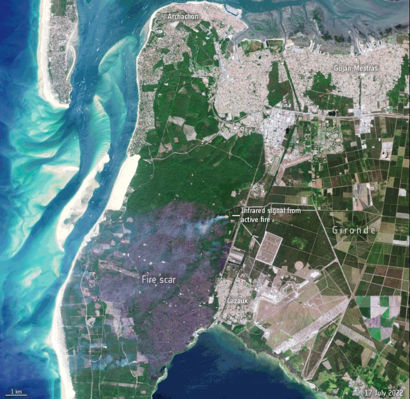 Fires and burn scars in the southern Gironde region in France in the summer of 2022