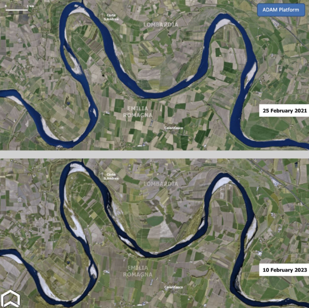 The low water levels in the river Po in northern Italy in early 2023 are visible from Space. 