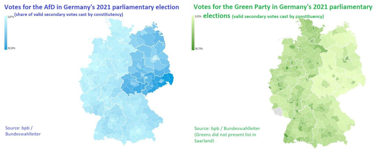 The AfD received particularly strong support in eastern states at the 2021 national elections while the Greens scored particularly poorly there.
