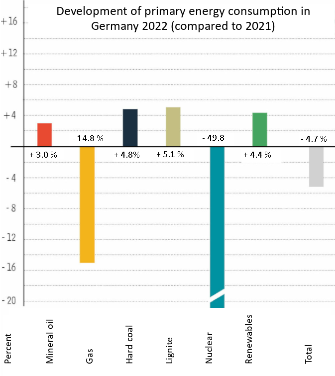 Development of primary energy consumption by source in Germany in 2022 compared to 2021.