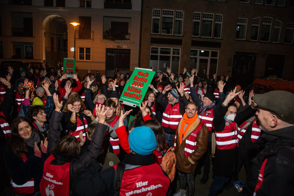 Supporters of initiative Berlin 2030 climate neutral gater by the city's Rotes Rathaus