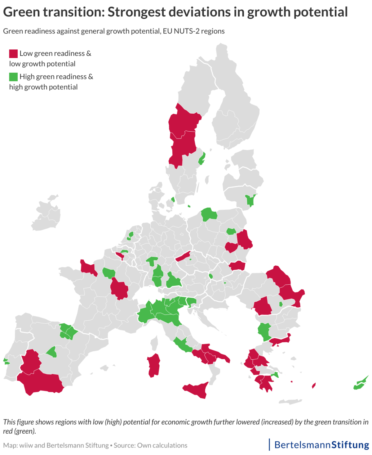 Map of European regions showing Green readiness and general growth potential. Source: Bertelsmann Stiftung