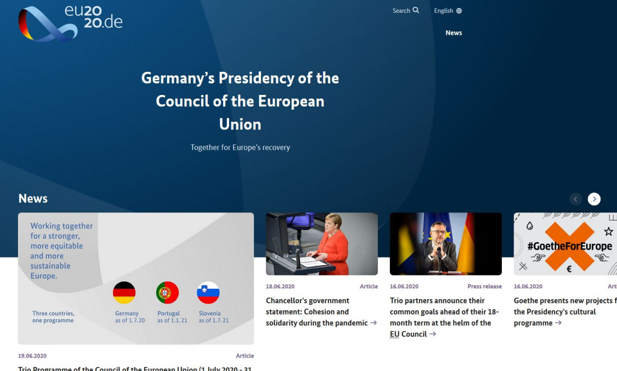 Screenshot of Germany's website for the EU Council presidency in H2 2020. 