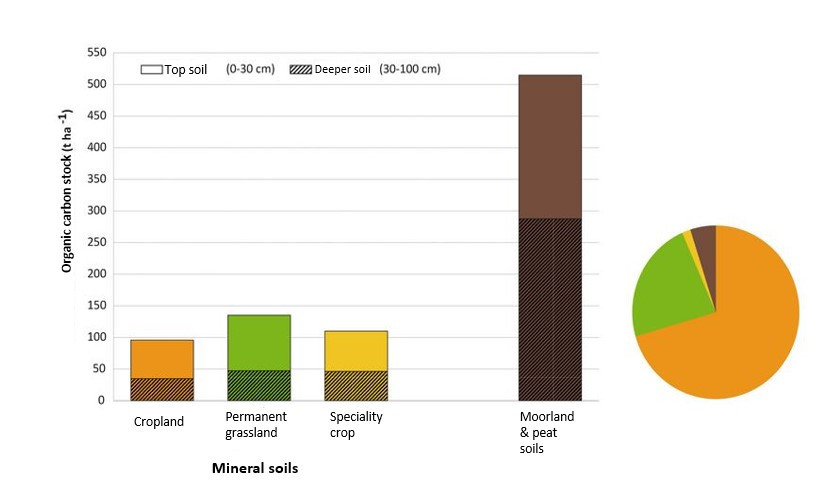 Mean stocks of organic carbon in agricultural soils in Germany. Pie chart: Share of the different land use types in the total number of samples. Source: © Thünen-Institut/AK.